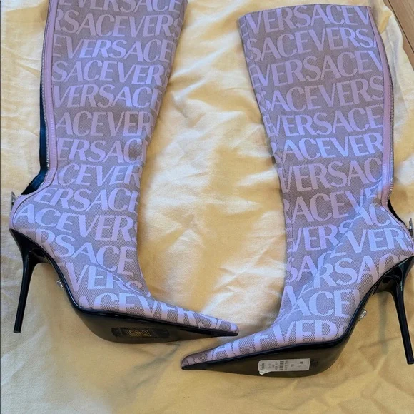 Versace baby pink Logo Knee-High Stiletto Boots - Picture 8 of 13